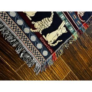Crown Crafts Blue Green Cats Yarn Playing Fringe Woven Reversible Throw Blanket